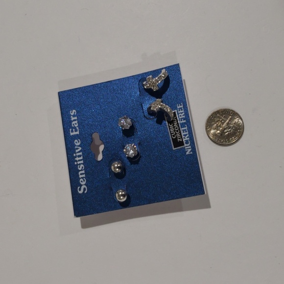 Set of 3 Silver-Tone Stud Earrings - Cubic Zirconia & Cross Design Women Jewelry - Picture 4 of 8